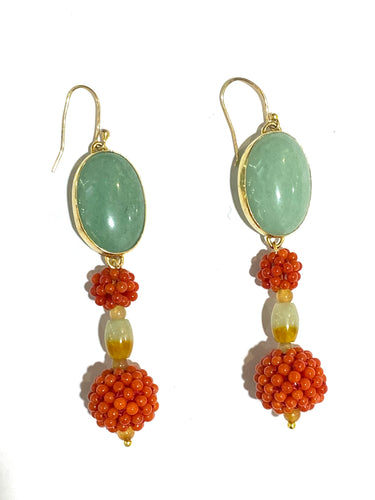 Natural Woven Momo Coral and Cabochon Jade Drop Earrings