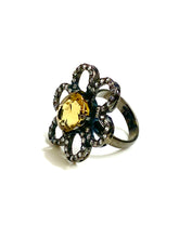 Sterling Silver Black Rhodium Plate Citrine Floral Ring