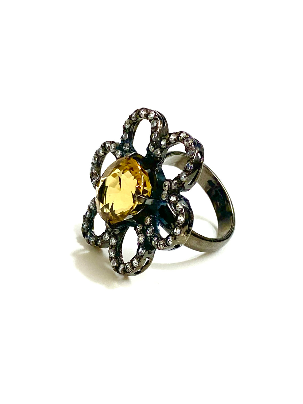 Sterling Silver Black Rhodium Plate Citrine Floral Ring