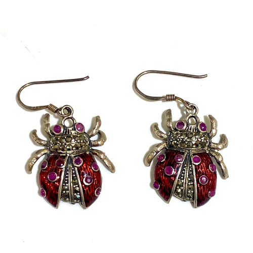 Sterling Silver Garnet and Enamel Lady Bird Earrings