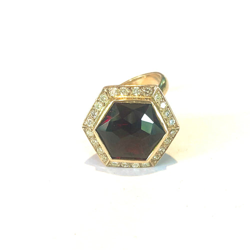 9ct Gold Diamond and Garnet Hexagonal Ring