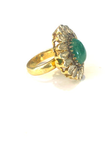 Sterling Silver Gold Plate Jade and Polki Diamond Ring