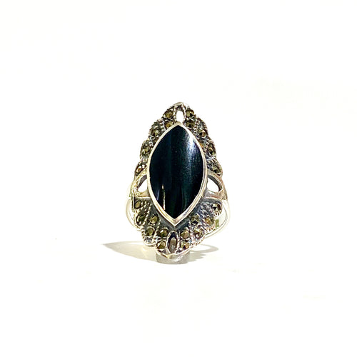 Sterling Silver Marquis Shaped Marcasite and Black Onyx Ring