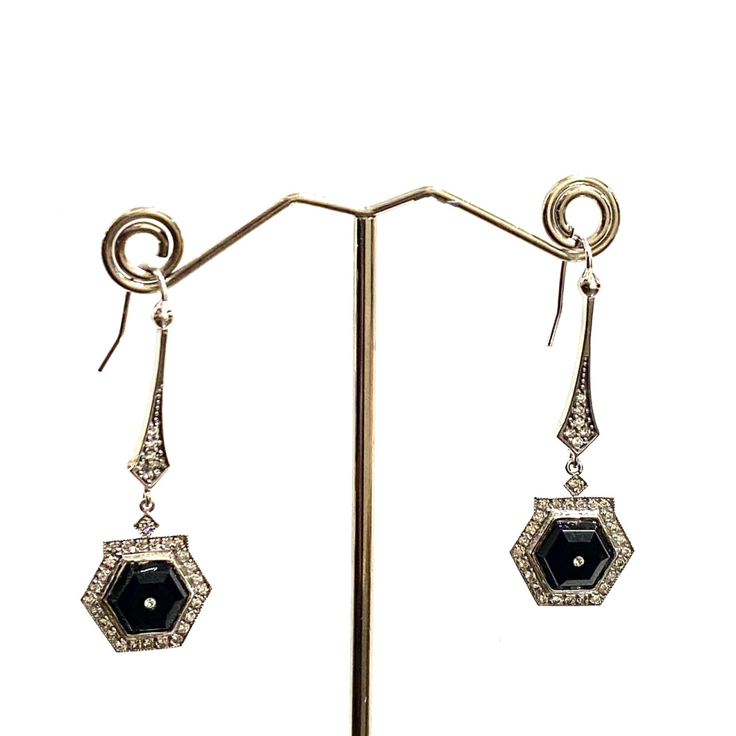 9ct White Gold Hexagonal Onyx and Diamond Drop Earrings