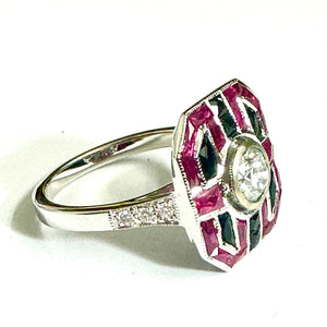 9ct White Gold Diamond, Ruby and Onyx Ring