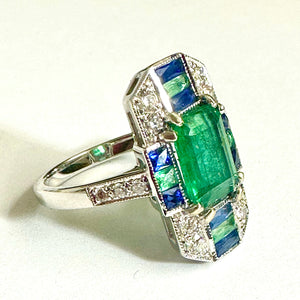9ct White Gold Diamond, Emerald and Sapphire Ring