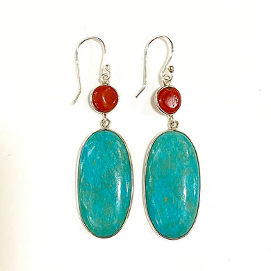 Sterling Silver Turquoise and Coral Oval Drop Earrings