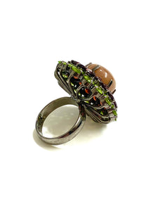 Sterling Silver Black Rhodium Plate Moonstone Garnet and Peridot Ring