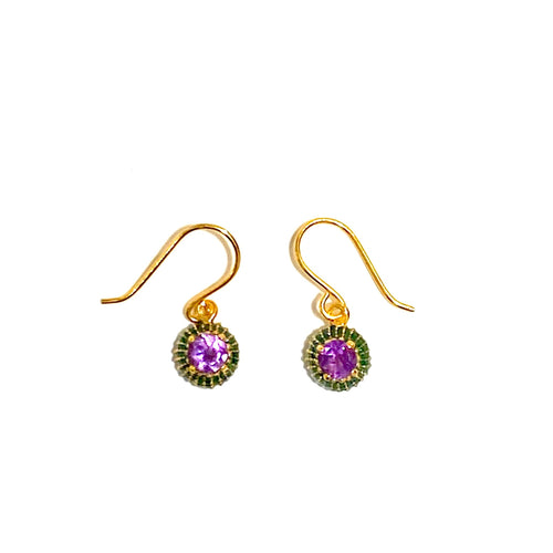 Amethyst and Green Enamel Brass Drop Earrings