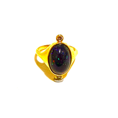 Stunning 18ct Yellow Gold Black Opal Cabochon and Diamond Ring