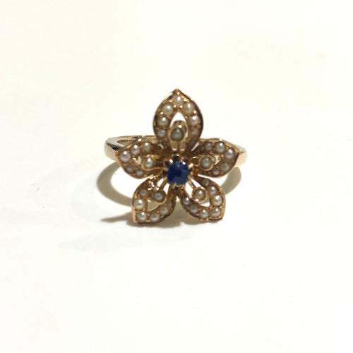 9ct Rose Gold Sapphire and Seed Pearl Flower Ring