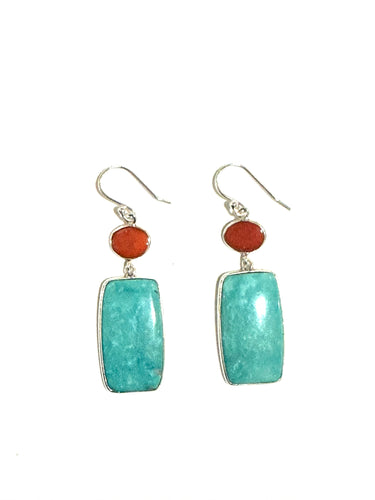 Sterling Silver Turquoise Rectangular Drop with Coral Earrings