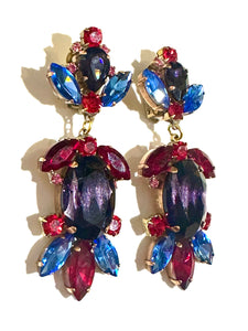 Blue and Purple Crystal Clip On Earrings