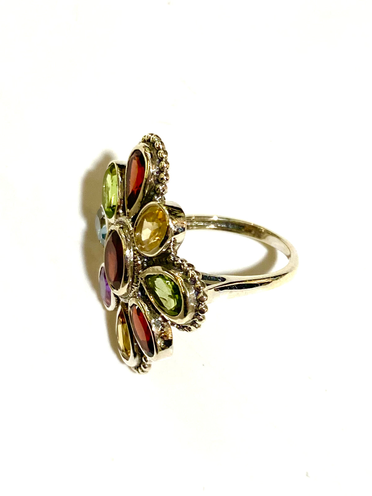 Multi-Gemstone Flower Sterling Silver Gold Plated Ring