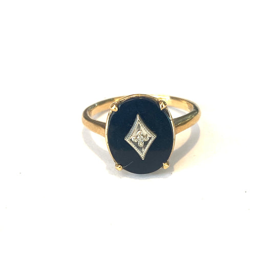 9ct Gold Round Black Onyx and Diamond Ring