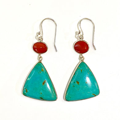 Sterling Silver Kite Shaped Turquoise and Coral Drop Earrings