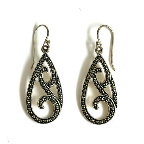 Sterling Silver Marcasite Swirl Hook Drop Earrings