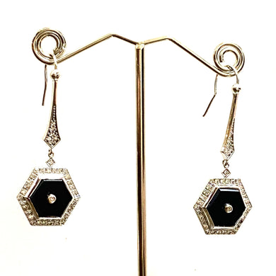 9ct White Gold Onyx and Diamond Drop Earrings