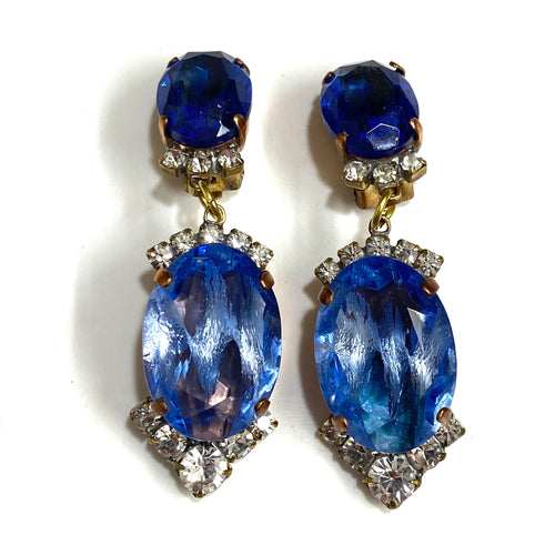 Blue and White Crystal Clip On Drop Earrings