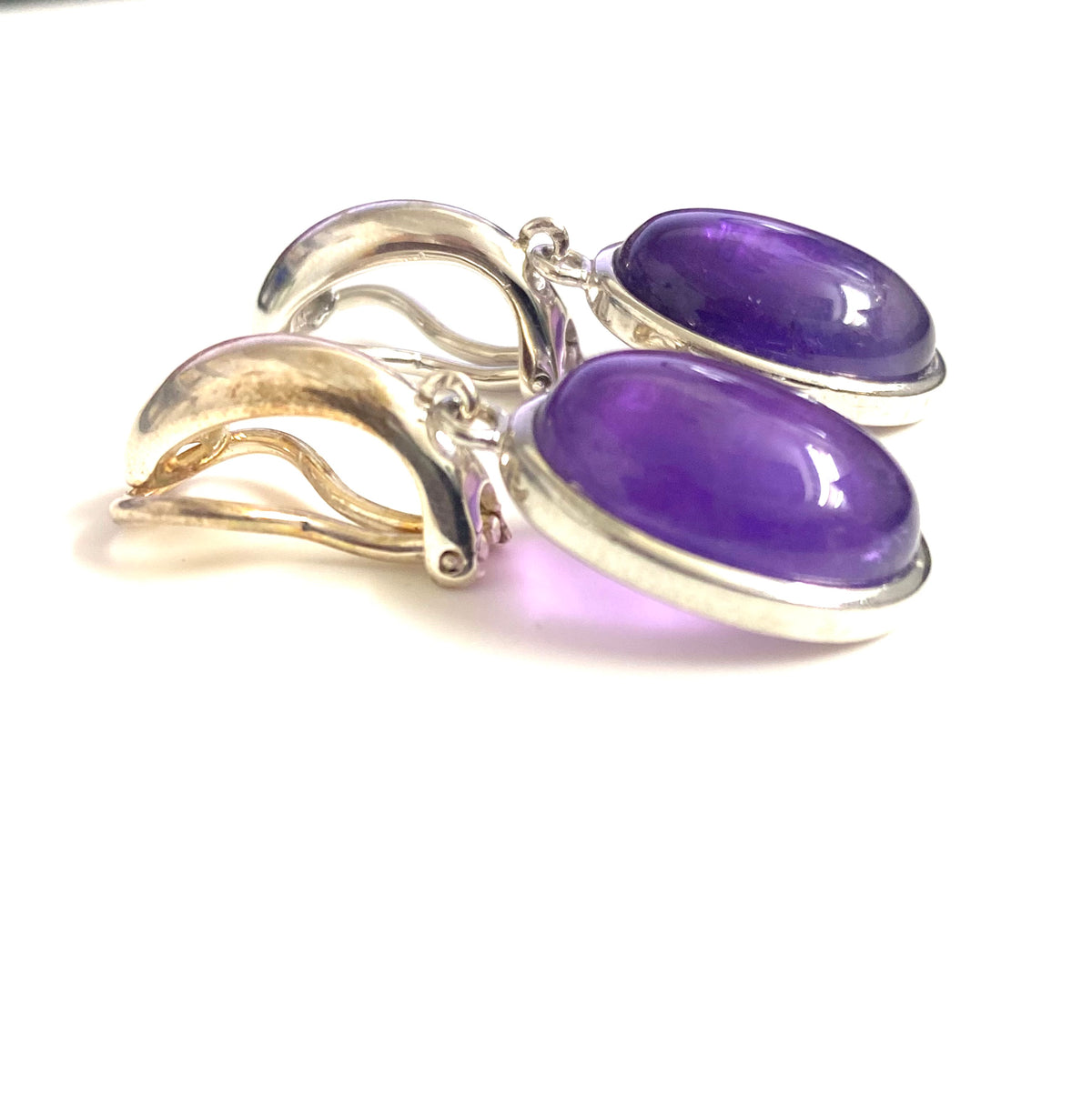 Sterling Silver Cabochon Amethyst Clip On Earrings