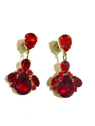 Czech Red Crystal Clip On Earrings