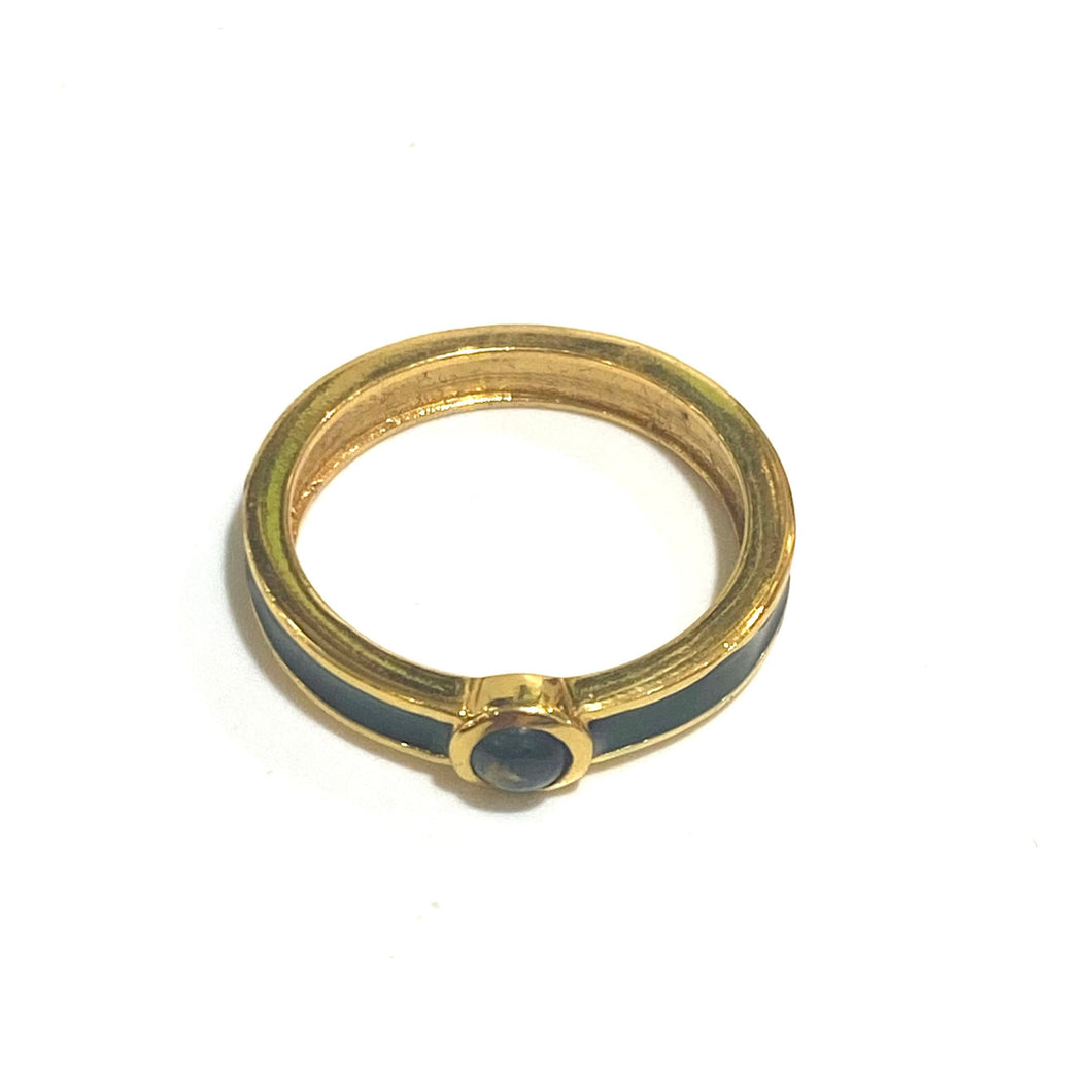 Sterling Silver Brass, Sapphire and Green Enamel Ring