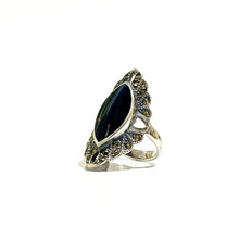 Sterling Silver Marquis Shaped Marcasite and Black Onyx Ring