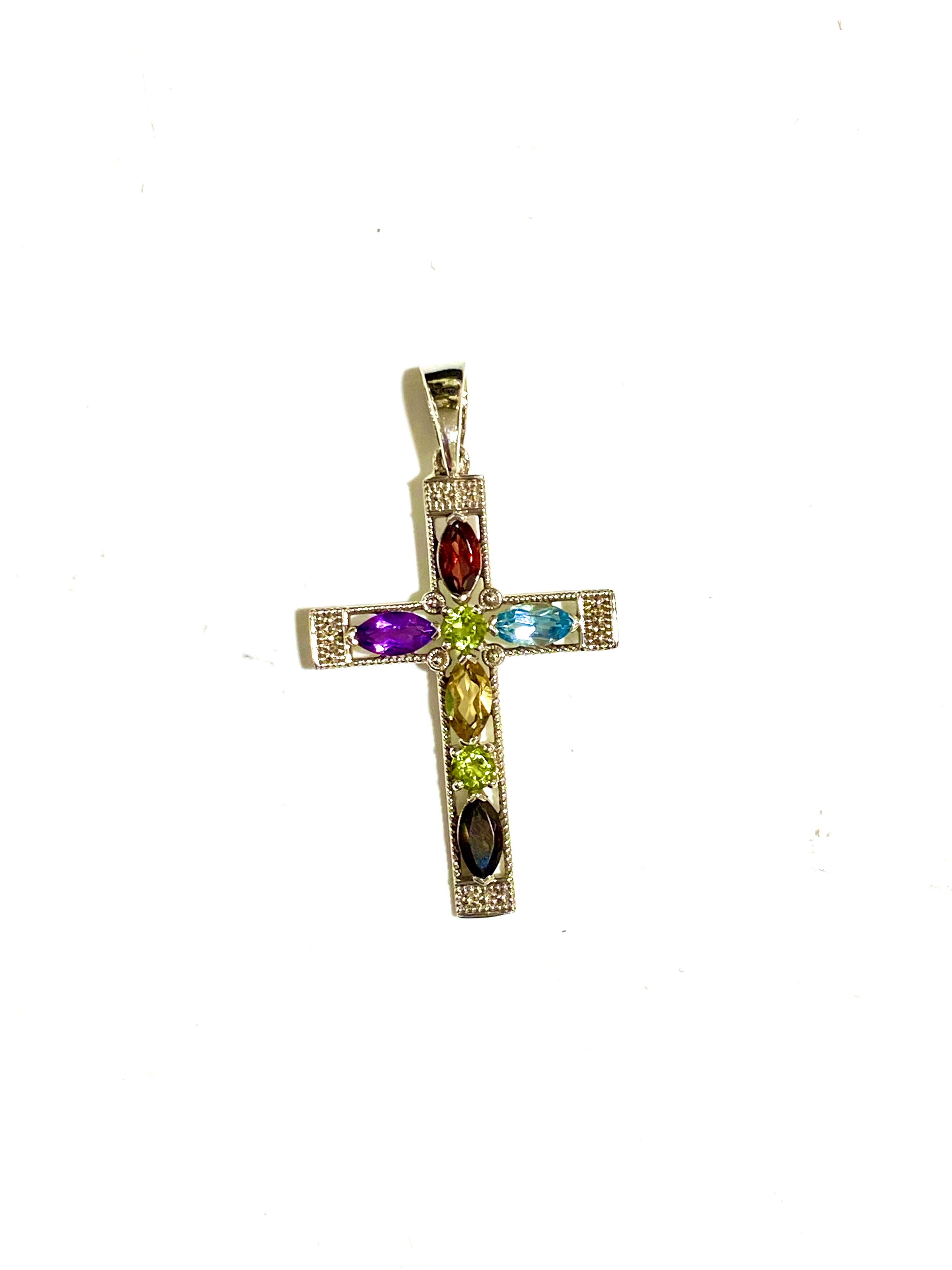 VTG SOUTHWESTERN STERLING SILVER sold MULTI GEMSTONE CROSS NECKLACE #A138