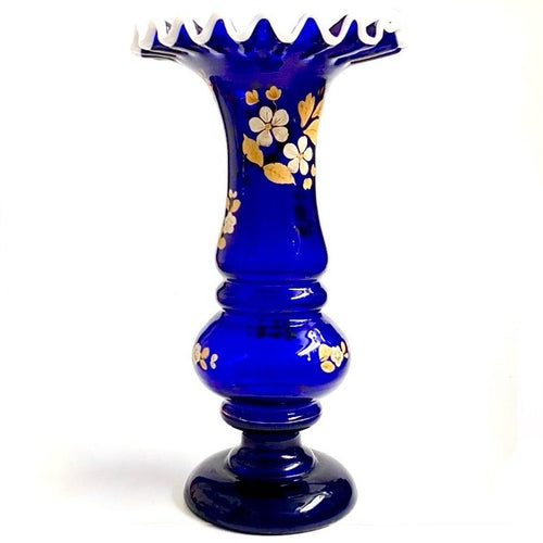 Edwardian Bristol Blue Glass Hand Painted Vase