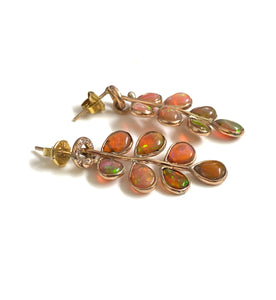 9ct Gold Opal and Diamond Leaf Design Earrings
