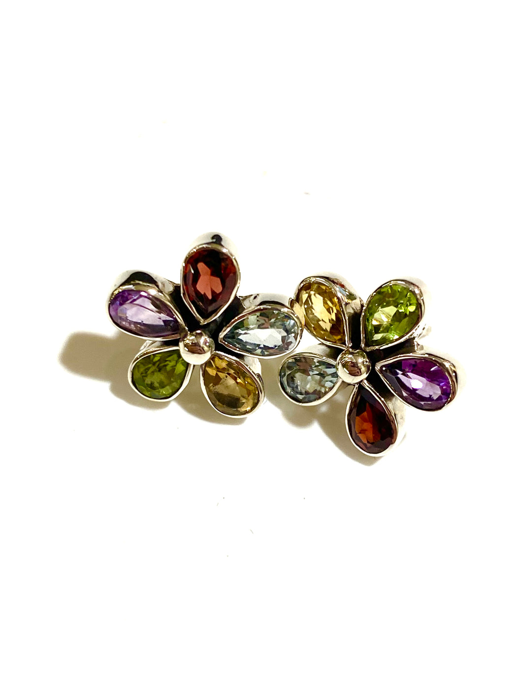 Sterling Silver Multi-Coloured Gemstone Flower Stud Earrings