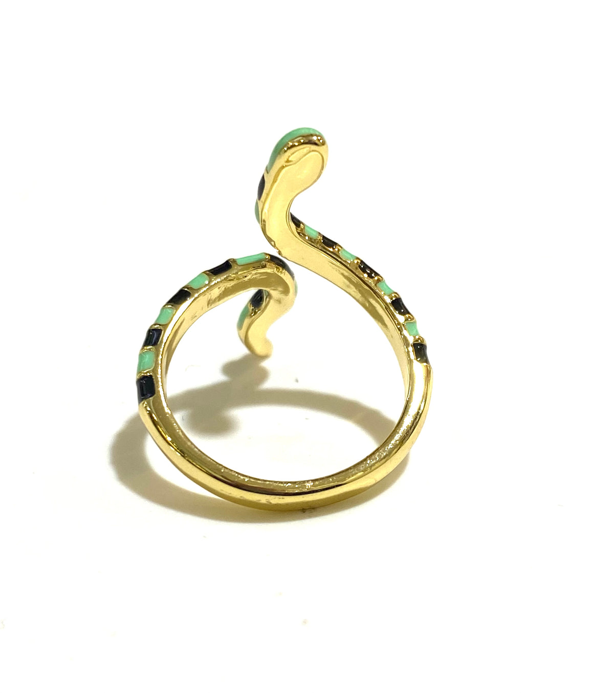 Green and Black Enamel and Brass Snake Ring