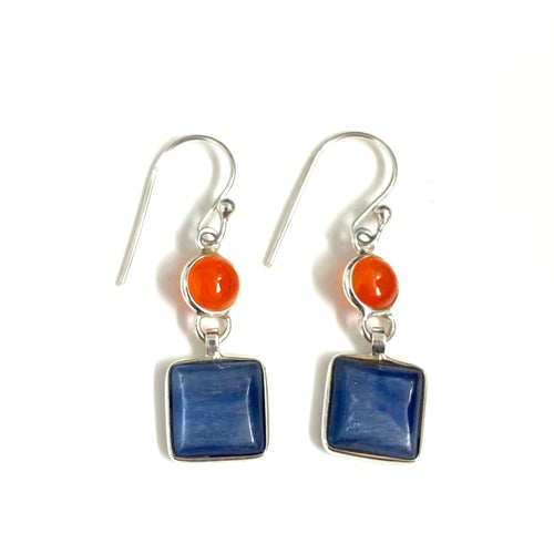 Sterling Silver Carnelian and Kyanite Square Earrings