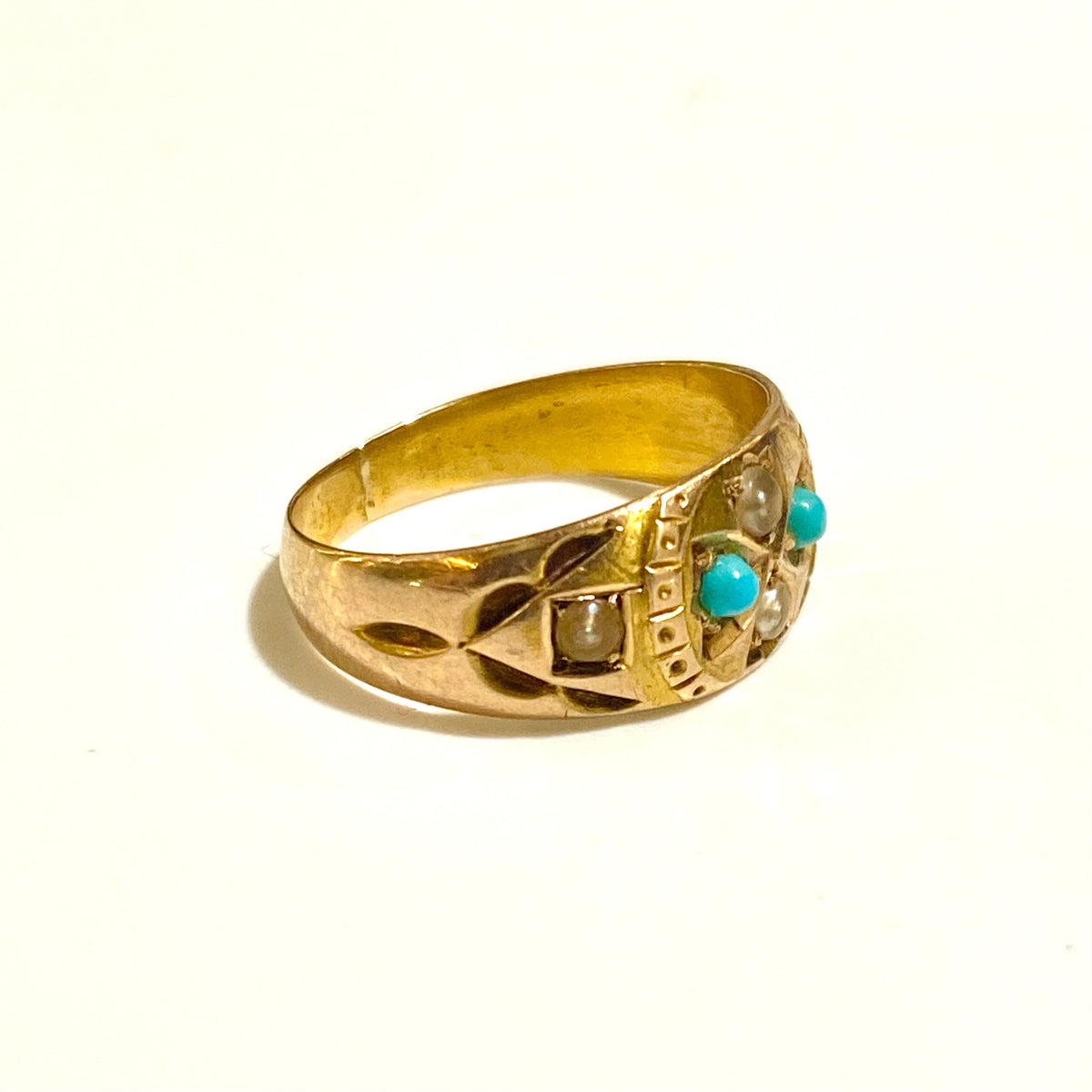 Antique 15ct Yellow Gold Turquoise and Seed Pearl Ring