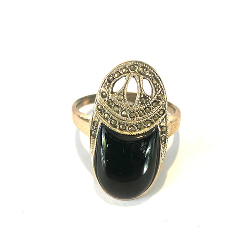 Sterling Silver Black Onyx and Marcasite Ring