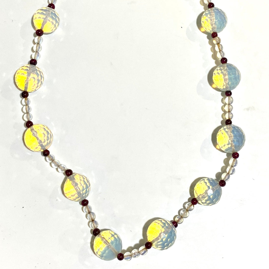 Faceted Opalite, Garnet and Rock Crystal Beaded Necklace