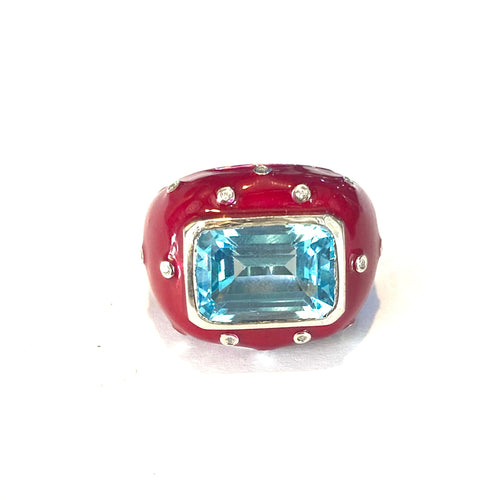 Sterling Silver Red Enamel, Blue Topaz and CZ Ring