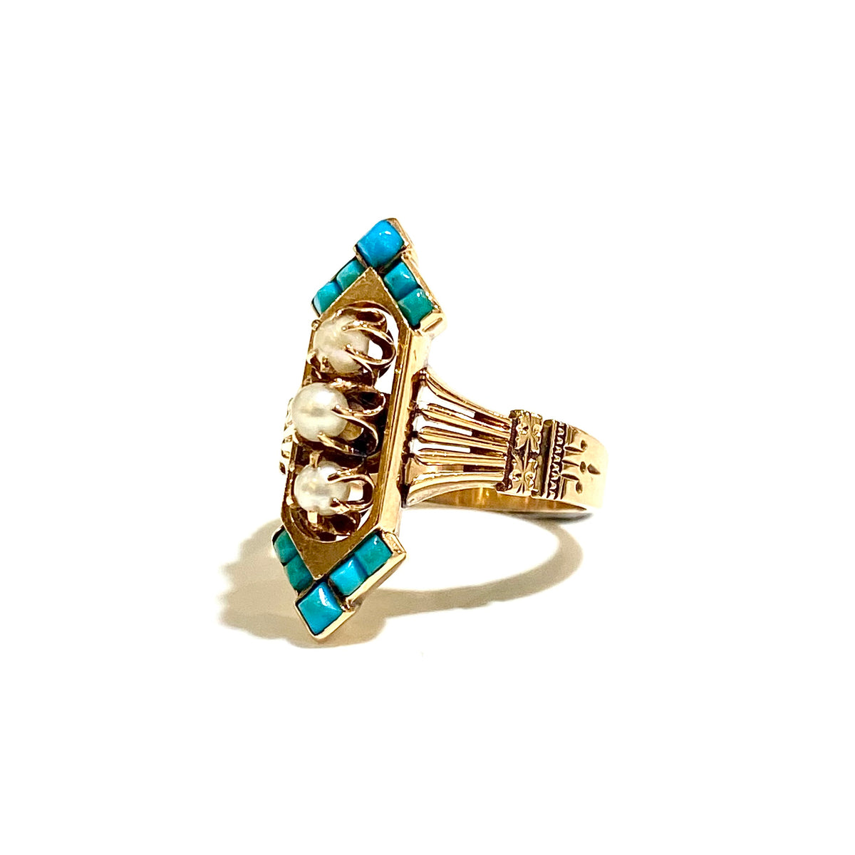 Antique 14ct Rose Gold Turquoise and Seed Pearl Etruscan Style Ring
