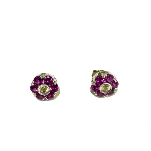 9ct White Gold Garnet and Tourmaline Flower Stud Earrings