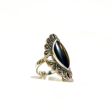 Sterling Silver Marquis Shaped Marcasite and Black Onyx Ring