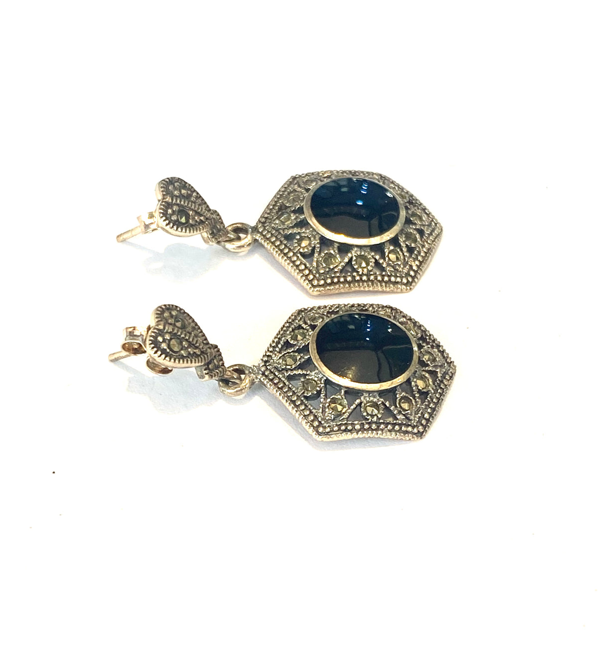 Sterling Silver Hexagonal Marcasite and Onyx Earrings