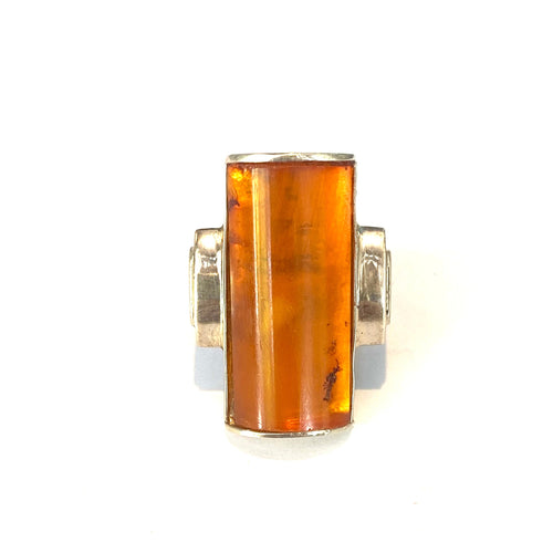 Sterling Silver Rectangular Amber Ring