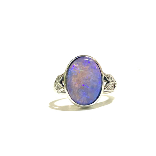 9ct White Gold Solid Opal and Diamond Ring