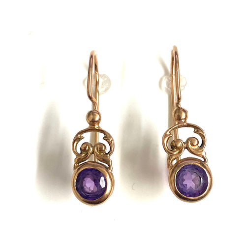 9ct Gold Round Amethyst Drop Earrings