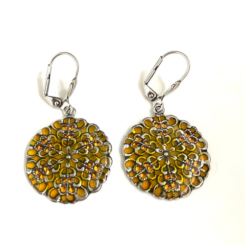 Sterling Silver Yellow Enamel Round Earrings