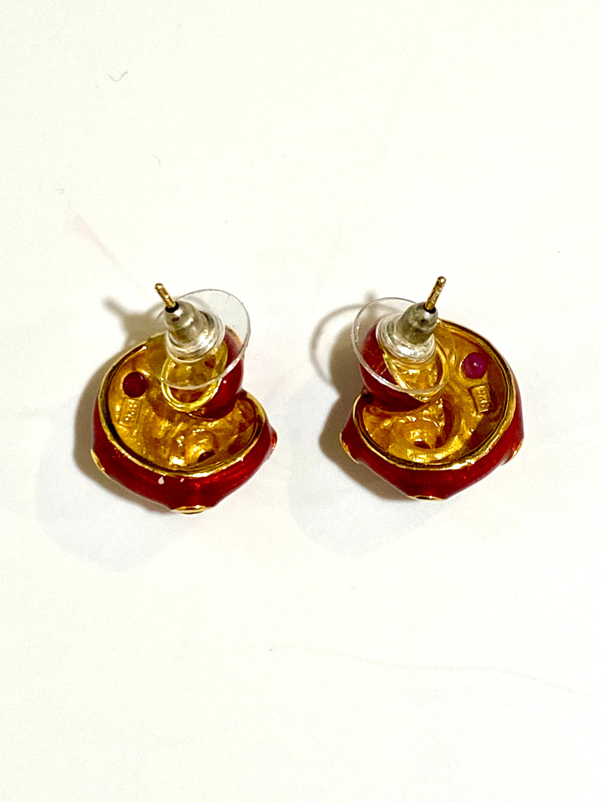 Sterling Silver Gold Plated Enamel and Ruby Stud Earrings
