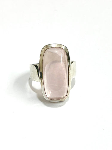 Rectangle Cabochon Rose Quartz Sterling Silver Cocktail Ring