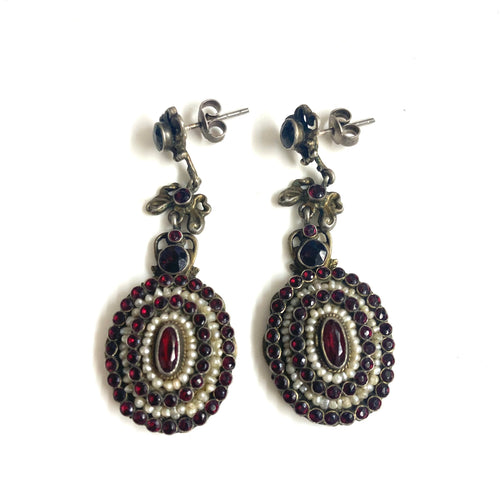 Vintage 9ct Gold Garnet and Seed Pearl Drop Earrings