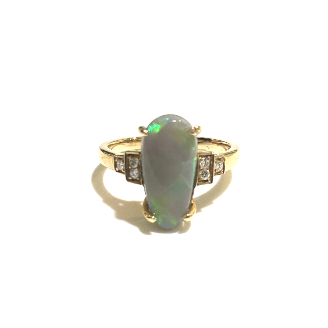 9ct Yellow Gold 2.3ct Solid Semi Black Opal and Diamond Ring