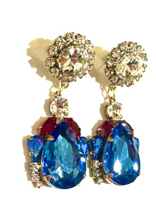 Blue Crystal Clip On Costume Earrings